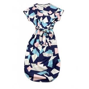 New Temofon Dress Size XXL Colorful Midi Geometric Blue Pink White Belted Spring